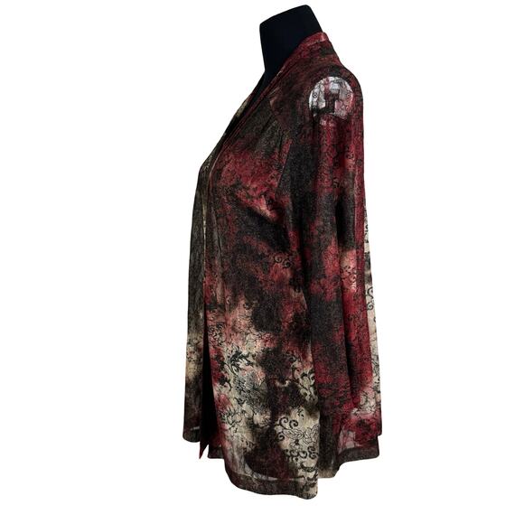 Chico's Size 1 Abstract Lace Mesh Open Cardigan Kimono Shawl Black Red Brown - Picture 6 of 8